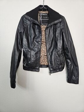 therapy Black Faux Leather Jacket with Leopard Lining Size Medium